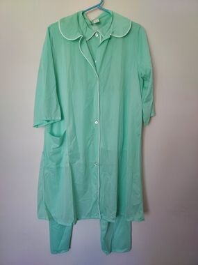 Vintage Sears Mint Green Three-Piece Pajama Robe Set White Piping Size 36 Large